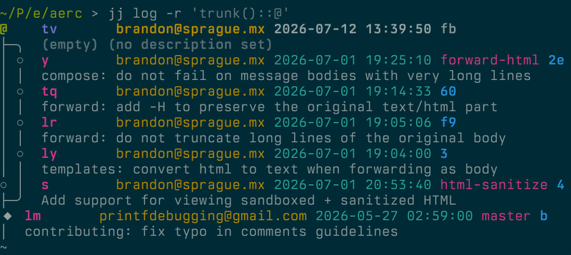 A screenshot of Jujutsu output showing the two feature branches and the merge commit