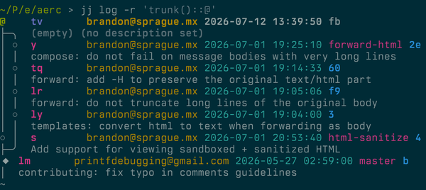 A screenshot of Jujutsu output showing the two feature branches and the merge commit