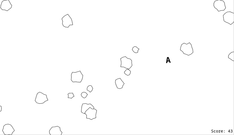 A white screen with various jagged black circles representing the asteroids, and a tilted capital "A" as the spaceship.