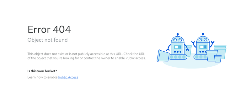 A Cloudflare error page showing 'Error 404' and 'Object not found', with some confused robots tipping over buckets
