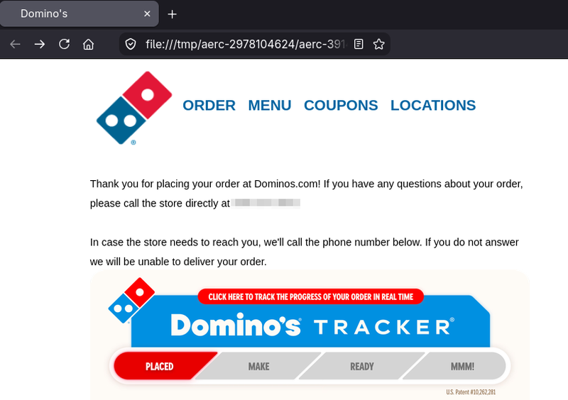 A screenshot of a Domino's Pizza order email opened in Firefox