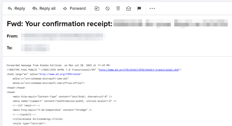 A screenshot of a mail client showing an attempt to forward a flight itinerary, but the contents are a bunch of raw HTML.